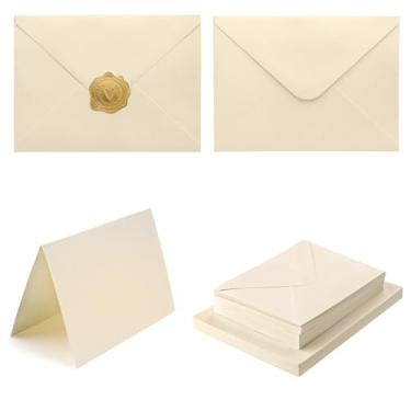 Imagem de Pacote com 50 envelopes pequenos coloridos pequenos envelopes de convite A7 com adesivos dourados para cartões e convites, 5 cores (creme)