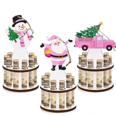Imagem de Weysat 3 peças de suporte de dinheiro de Natal rosa de madeira para presente de dinheiro com 10 furos para colocar dinheiro, caminhão de Natal, Papai Noel, enfeites de Natal de boneco de neve, enfeites de mesa decorativos, bênçãos podem ser escritas na parte de trás
