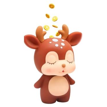 Imagem de Banco de dinheiro bonito dos cervos, cofrinho plástico inquebrável crianças inovadoras pequena caixa de dinheiro de poupança para crianças adultos aniversário natal (Marrom)