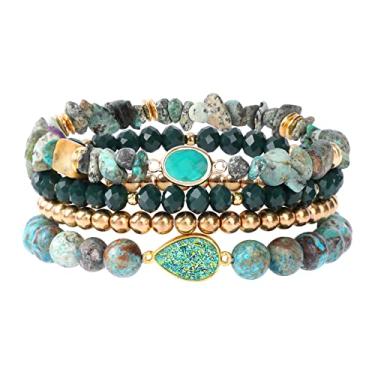 Imagem de IDEAJOY Pulseiras De Contas Turquesa Africanas Boêmias Para Mulheres, Conjunto 4 Elásticas Empilháveis Com Pedras Naturais E Pingente, Lascas Foscas Multicamadas, Joia Boho Feita À Mão Presente