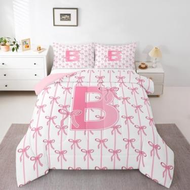 Imagem de jejeloiu Conjunto de edredom com laço kawaii, tamanho casal, para crianças, meninos, meninas, letra B, edredom com estampa coquete, decoração de quarto, monograma, 3 peças com 2 fronhas