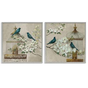 Imagem de Stupell Industries Conjunto de arte giclée emoldurado cinza Spring Bluebirds Menagerie 2 peças por Elaine Vollherbst, 12 x 12