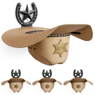 Imagem de Suporte de chapéu de cowboy suporte de parede para chapéus de aba larga ganchos rústicos de ferradura com gancho de metal estrela do Texas organizador para armário de cavalos trailer entrada quarto