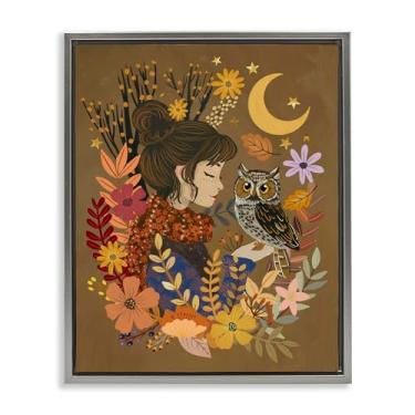 Imagem de Stupell Industries Arte de parede em tela flutuante com moldura cinza coruja outono e menina por Mia Charro, 78 x 63 cm