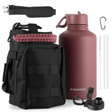 Imagem de KXIAOCHEN Garrafa de água de 1,8 l com manga, garrafa de água de aço inoxidável com bolsa de transporte, 2 tampas (canudo e tampa), garrafas de água de metal de boca larga mantêm quentes e frias