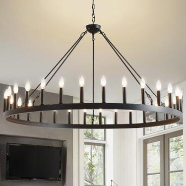 Imagem de SARUDIIR Lustre de roda grande de fazenda de 133 cm, luminária suspensa redonda rústica preta de 30 luzes, lustre de roda ao ar livre para varanda, tetos altos, sala de jantar, sala de estar, entrada