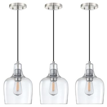 Imagem de Pacote com 3 1 luminária pendurada em ilha de cozinha interna com pingente de vidro transparente de 15,5 cm, luminária de teto com acabamento em níquel escovado, casa de fazenda, jantar sobre a pia