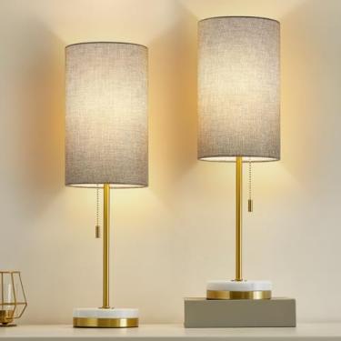 Imagem de Luvkczc Conjunto de 2 candeeiros de mesa minimalistas, candeeiro de cabeceira para quarto, sala de estar, candeeiro de cabeceira moderno com base de mármore, sombra de tecido, candeeiro de mesa