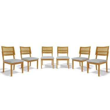 Imagem de Kit Com 6 Cadeiras Aline Madeira Maciça Assentos Estofados Encostos De Tela Palha Sextavada Linho Cinza 407