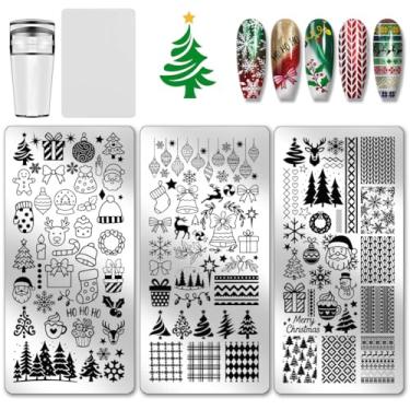 Imagem de PH PandaHall 3 peças de placa de carimbo de unha de Natal, árvore de Papai Noel, boneco de neve, padrão de arte impressa, aço inoxidável, floco de neve, placa de imagem de unha para decoração de unhas