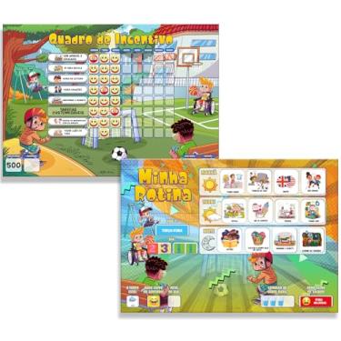 Imagem de Kit Quadro de Rotina Infantil + Quadro de Incentivo ao Bom Comportamento Recompensa 30x40 +1 Caneta e 200 tags quadro para Geladeira (Meninos)