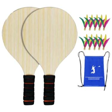Imagem de Colaxi Conjunto de 2 peças de raquetes de badminton de madeira, conjunto profissional de exercícios e atividades esportivas, peteca e raquete para atividades, 10 Bolas Pequenas