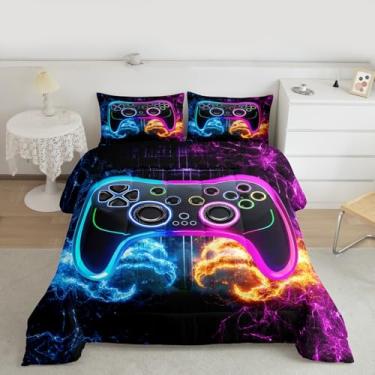 Imagem de jejeloiu Jogo de cama solteiro com edredom para crianças, meninos, meninas, gamepad, roxo, azul, decoração de quarto, 2 peças com 1 fronha