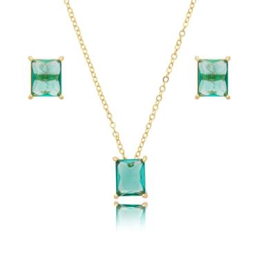 Imagem de Conjunto Semijoia Colar e Brincos Pedra Verde Turmalina Banhado a Ouro 18K – Luxo Feminino para Casamento, Festa ou Formatura