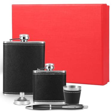 Imagem de ZJRDYYK Conjunto de frascos de 227 g + 85 g com funil, copo de vinho e caneta, frascos portáteis de aço inoxidável para álcool, frasco fino, frascos de couro preto, embalagem de caixa de presente