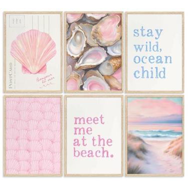 Imagem de Pôster de arte de parede Pink Beach Preppy Coastal Girl Room Decor - M