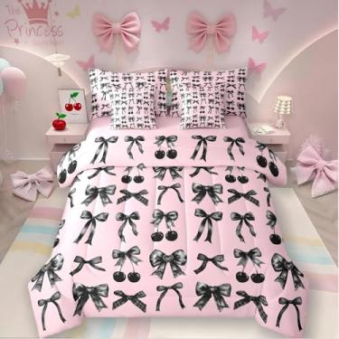 Imagem de Jogo de cama de casal com laço de cereja preta, 7 peças, lindo laço de seda e laço de princesa, conjunto de lençol e lençol kawaii, decoração de quarto feminino, rosa claro, estética