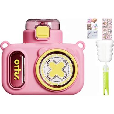 Imagem de viva story Garrafa de viagem para câmera com trem de palha copo para beber gelo leite café desenho animado ônibus copo de plástico para piquenique festa presente de aniversário (câmera rosa, 500 ml)