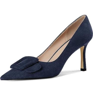 Imagem de Divanne Sapatos de salto alto, salto alto, fivela, camurça, bico fino, sem cadarço, para vestido de festa, Camurça azul-escuro, 34