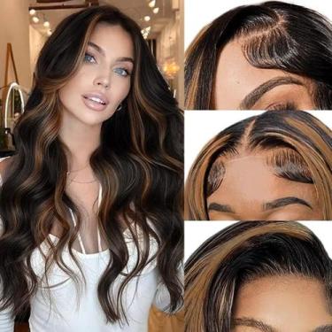 Imagem de Peruca frontal de renda sintética SUKRI Brown Highlight 66 cm para mul