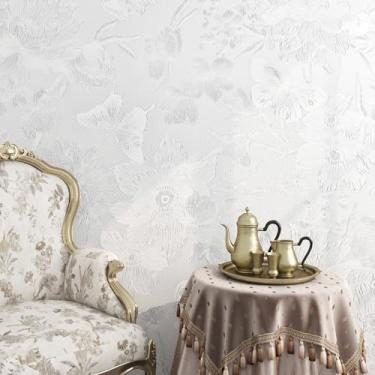 Imagem de FunStick Papel de parede floral branco de 40 x 609 cm, papel de parede vintage texturizado, borboletas, flores, papel de parede branco, papel de contato removível, papel de parede para quarto de