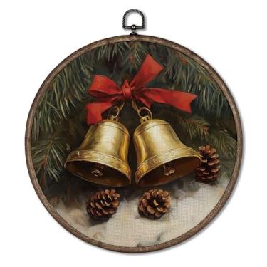 Imagem de Giosve Pôster emoldurado em tela de parede redonda de Natal de inverno, rústico cottagecore férias de inverno sino de pinha de Natal esculturas de parede para decoração de casa, quarto, sala de estar