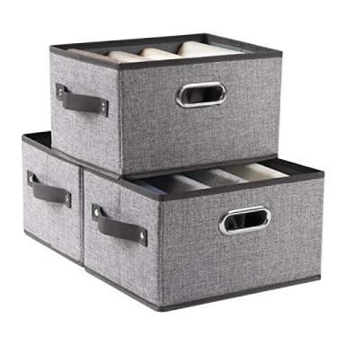 Imagem de Prandom Cestos de armazenamento Fodable para armário [pacote com 3] Cestas de armazenamento decorativas de tecido com alças de couro/metal para prateleiras, quarto, sala de estar, cinza (29 x 21 x 17 cm)