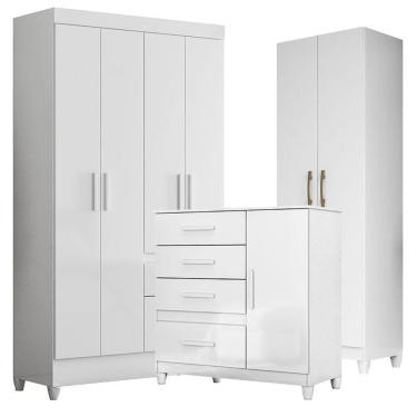 Imagem de Guarda Roupa Infantil Madri Com Cômoda Vênus Com Pés E Armário Multiuso New íris Branco Brilho – Moval