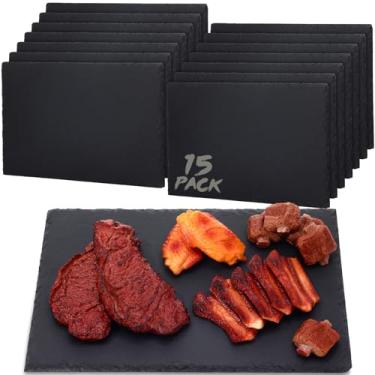Imagem de Zopeal 15 peças de placas de charcutaria de ardósia preta de 30 x 20 cm, placas de pedra de charcutaria com borda natural, bandeja de queijo, tábua de servir para cozinha, jantar, festa, carne, frutas