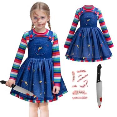 Imagem de GOBWCOT 2pcs Chucky Costume Toddler Girls Chuckie Outfit 2t With Striped Top Dress Horror Halloween Cosplay Costume (A, 110)