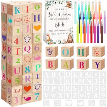 Imagem de Wonderjune 147 conjuntos de jogos de blocos de chá de bebê, 80 blocos de madeira em branco faça você mesmo, 42 estêncis, 24 marcadores de aquarela, 1 placa de jogo de bloco para revelar gênero