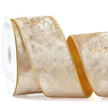 Imagem de STYPOP Fita de veludo de Natal champanhe com fio (6,3 cm × 15 jardas) - fita de Natal para decoração de árvore de Natal/embrulho de presente/suprimentos de grinaldas de artesanato