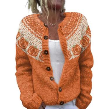 Imagem de Suéter Beopjesk Halloween Orange Button Knit Cardigan M