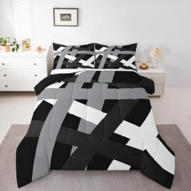 Imagem de Feelyou Conjunto de edredom de arte abstrata, tamanho Queen, cinza, listras pretas, conjunto de cama para crianças, meninos, meninas, geométrico, edredom moderno, decoração de quarto de microfibra, 3