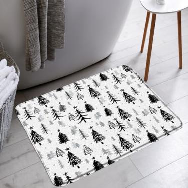 Imagem de AMFD Tapete de banho Merry Christmas, preto, cinza, árvore de Natal, bolinhas, estrela, rústico, inverno, férias, banheiro, banheira, tapete, decoração de vaso sanitário, 45,7 x 76,2 cm