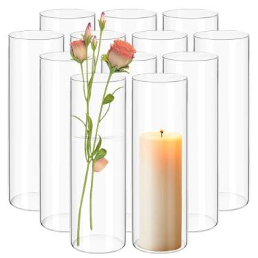 Imagem de Pacote com 12 vasos cilíndricos de vidro para centros de mesa – Vaso de flores de 25,4 cm de altura para decorações de casamento, castiçais flutuantes a granel, castiçais de vidro para prateleira de
