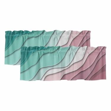 Imagem de Cortina de saia ombré azul-petróleo para janelas Kithchen turquesa e gradiente rosa moderna abstrata geométrica cortina com bolso para varão para quarto/sala de estar/banheiro, 2 painéis, 106 x 30 cm