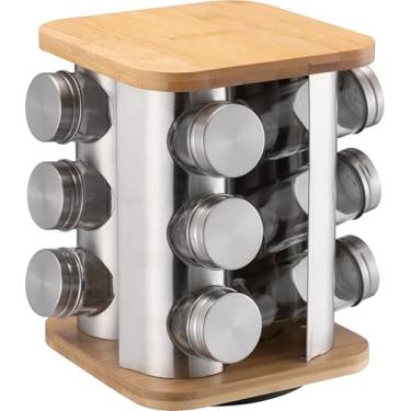 Imagem de Porta-Condimentos Giratório Em Inox E Bambu Com 12 Potes De 110ml Em Vidro E Inox - Organizador De Temperos Para Cozinha - Wincy - IXB01008