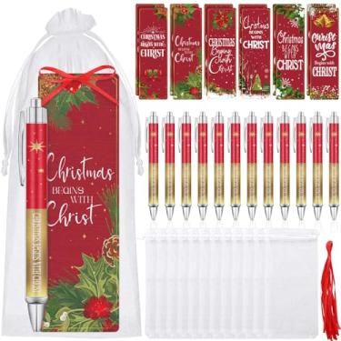 Imagem de Gersoniel 36 pçs/12 conjuntos de presente de Natal cristão para mulheres, lembrancinha religiosa de festa de Natal começa com Cristo, versículo da Bíblia, marcador de livro, caneta esferográfica