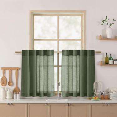 Imagem de Cortinas de linho verde-oliva de 61 cm de comprimento para janelas pequenas com filtro de luz semitransparente, aba traseira e varão, cortinas para porão/cortinas pequenas, 66 x 61 cm, 2 painéis