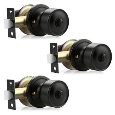 Imagem de Lepushom Maçaneta de porta de privacidade com fechadura interior sem chave pacote com 3 maçanetas redondas, maçaneta com fechadura para quarto, para chuveiro e banheiro, preto fosco silencioso