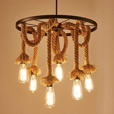 Imagem de Lustre Pendente Luz Corda Vintage Sala de Jantar Industrial Retro Altura Ajustável Corda de Cânhamo Lâmpada 50 cm Redondo Clássico Lâmpada Pendurada Rústica Cozinha Bar Escritório Escadas Es