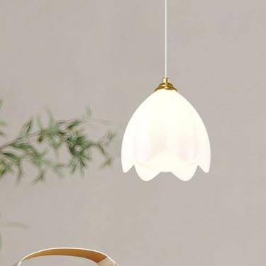 Imagem de Lustre Leite Branco Tulipa Luminária Pendente Nordic Moderno Flor Teto Luminária Pendente para Cozinha Ilha V-intage Ouro Único Pequeno Lustre para Quarto Banheiro Celeiro Restaurante