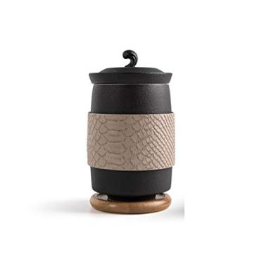 Imagem de Caneca de cerâmica caneca de cerâmica textura fosca capa de couro de rosto alta capacidade caneca com tampa filtro copo de café reutilizável xícara de chá portátil 300ml casa e escritório (cor: preto)