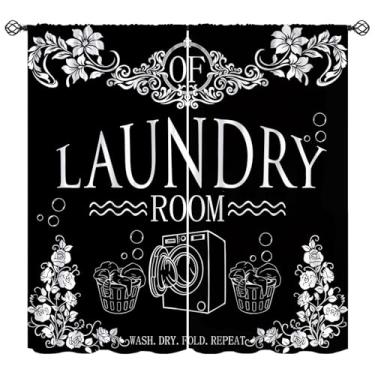 Imagem de Cortinas de lavanderia pretas e brancas, lavagens a seco rústicas para lavagens a seco, tratamentos de janela rural, bolso para varão, cortinas com isolamento térmico, conjuntos de 2 painéis para