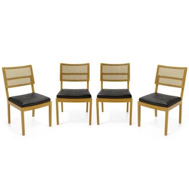 Imagem de Kit Com 4 Cadeiras Milena Madeira Maciça Assentos Estofados Encostos De Tela Palha Sextavada