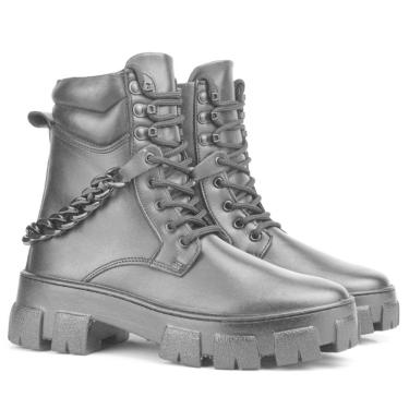 Imagem de Coturno Feminino Bota Couro Cadarço Confortável Corrente