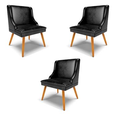 Imagem de Kit 3 Cadeiras Decorativas Sala de Jantar Pés Palito de Madeira Firenze PU Preto Brilho/Natural G19 - Gran Belo