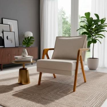 Imagem de Poltrona Decorativa Para Sala Cadeira Reforçada Para Recepção Sala De Espera Consultório Escritório Confortável em Madeira Maciça Tecido Bouclé Premium Bege