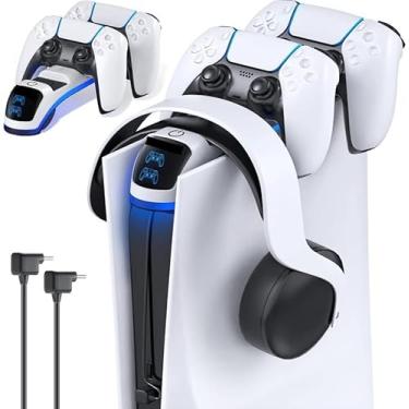 Imagem de Suporte de Carregamento Duplo com Base para Headset, Compatível com PS5 Disc e Digital Edition 2020, Carregador com Botão Touch para Controles DualSense, Branco